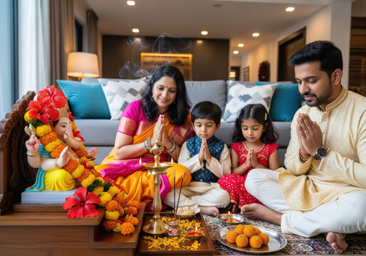 happy indian family celebrating ganesh chaturthi festival together at home - Powered by Adobe