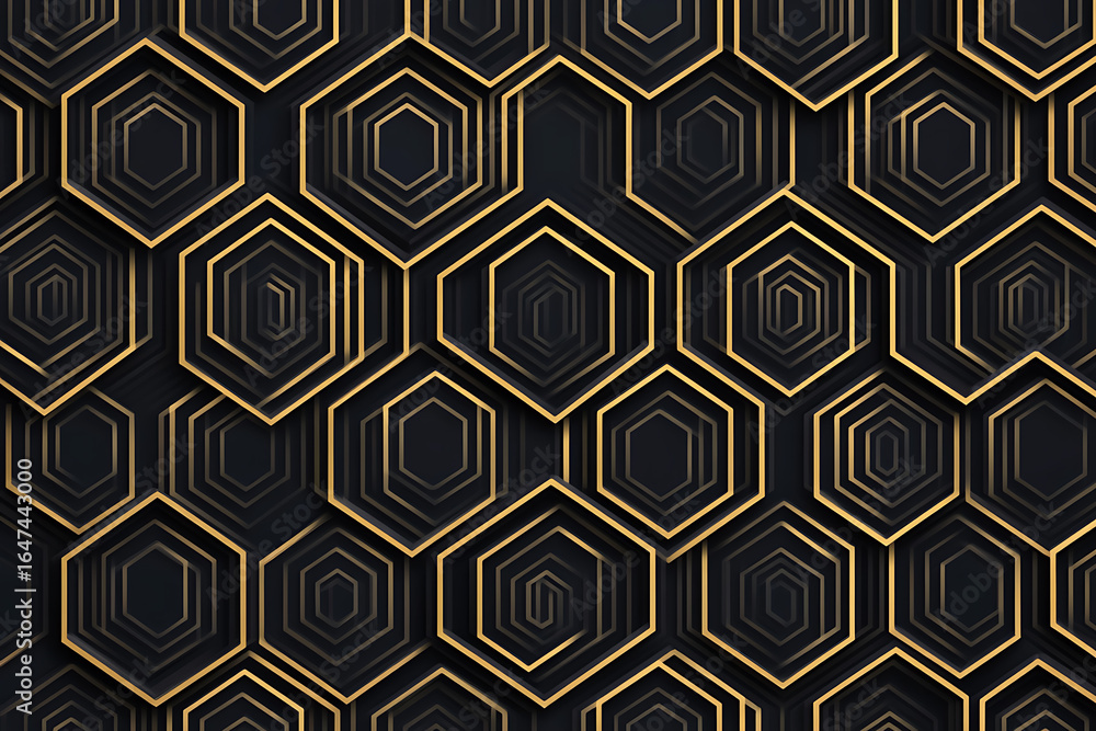 Poster black background with golden hexagon shapes creating a modern abstract pattern