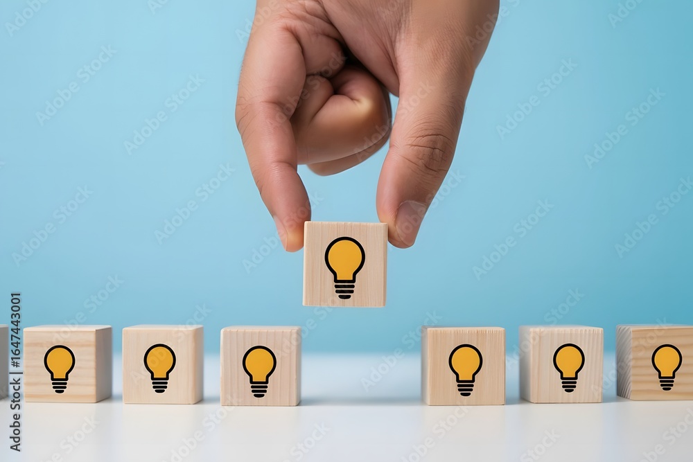 Poster hand placing a wooden block with lightbulb icon symbolizing creative idea generation innovation prob