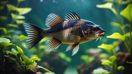 Fototapeta premium A freshwater fish swimming among green aquatic plants in an underwater environment.