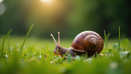 Snail moving through vibrant green grass.