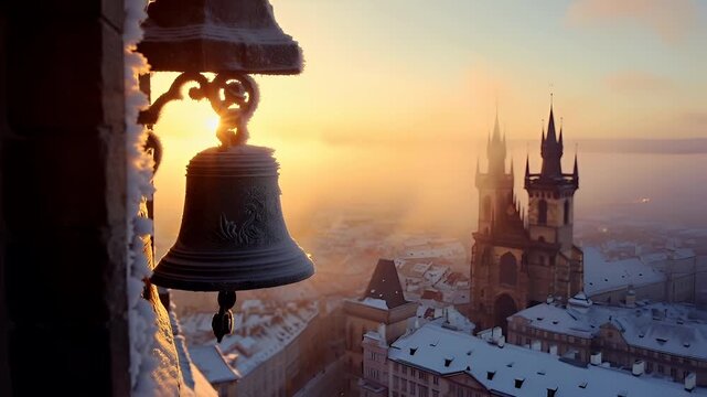 Prague, Czech Republic. Aerial view of historic European cityscape during sunset with snowcovered rooftops and church spires. The sky is painted in warm hues of orange and yellow.