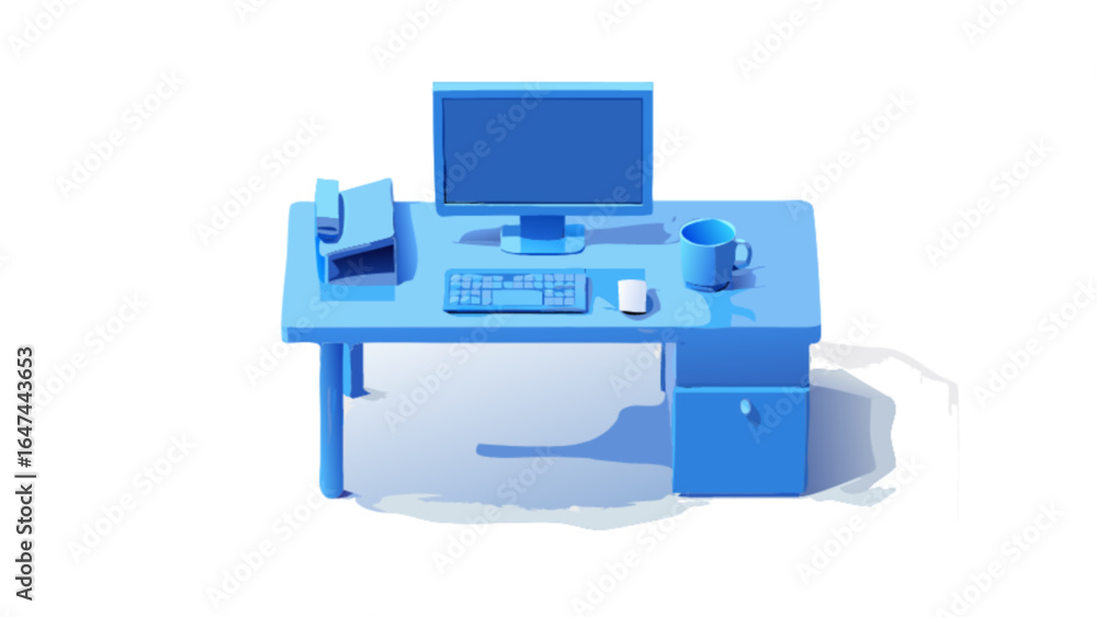 Fototapete blue computer desk setup with monitor keyboard mouse and mug for office or home workstation renderin