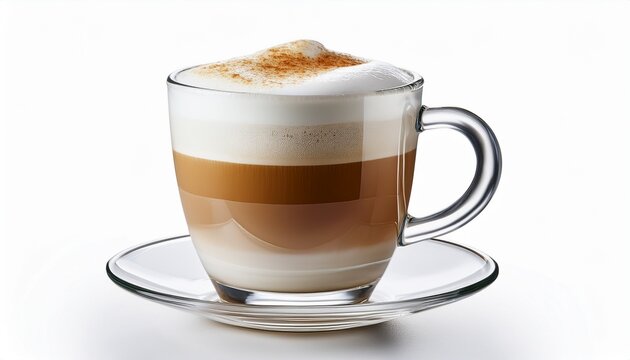 a delicious hot latte with creamy foam in a clear glass mug isolated on white background