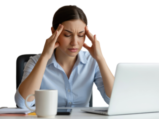 Woman with hands on temples looking stressed at desk with isolated on white transparent background png jpg business people clipping path cutout 2025 2026 4k full hd poster banner label download
