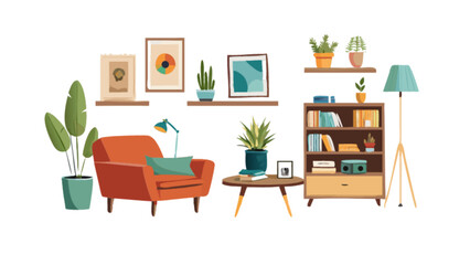 Cozy living room interior design with armchair plants and bookshelf for home decor inspiration ideas