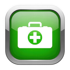 Obraz premium Green medical first aid kit icon with a white cross symbol, isolated on transparent background