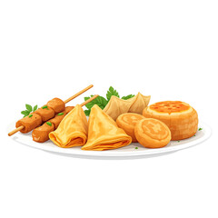Delicious assortment of savory snacks including skewers, samosas, and baked goods on a white plate