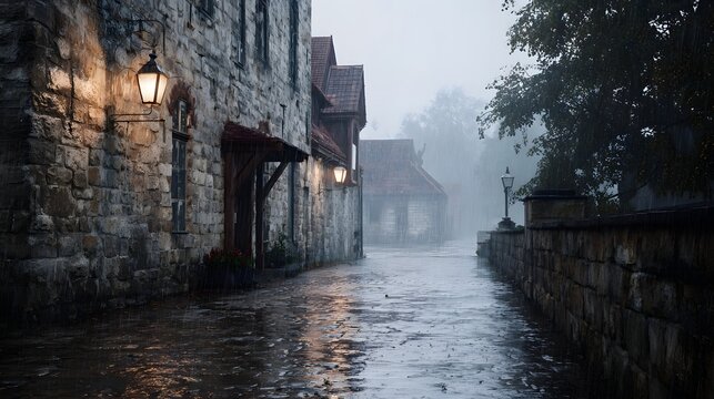 A rainy day in a medieval town
