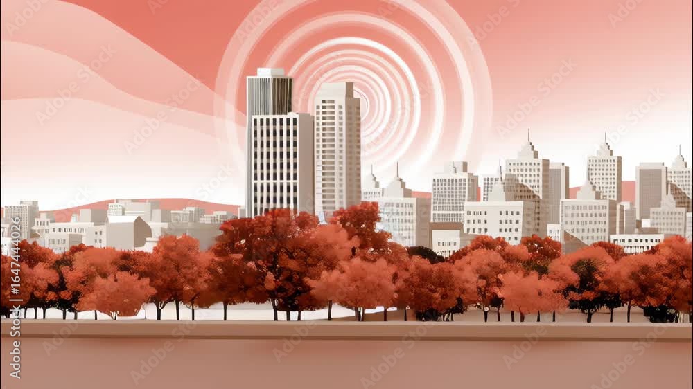 Aufkleber stylized 5d animated urban cityscape visualization with retro color palette and modern architecture 