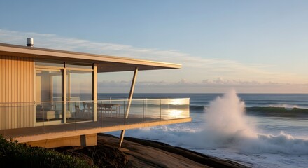 Obraz premium Modern house with ocean view and waves crashing on the rocks at the beach during a sunny day scene