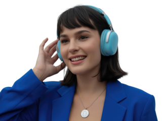 Woman with dark hair wearing blue blazer and blue headphones isolated on white transparent background png jpg business people clipping path cutout 2025 2026 4k full hd poster banner label download