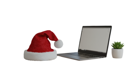 Red velvet Santa hat with white trim on a modern light wood office desk next to a sleek laptop, soft studio lighting. Corporate year-end appreciation concept.