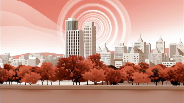 Stylized 5D Animated Urban Cityscape Visualization with Retro Color Palette and Modern Architecture Elements