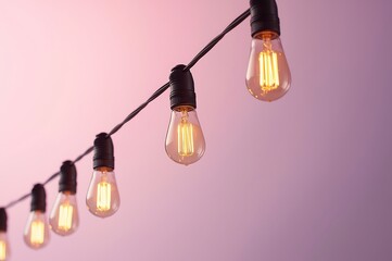 A string of vintage edison incandescent bulbs glows warmly against a soft pink and purple gradient background creating a cozy atmosphere