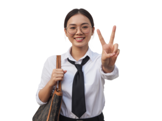 Young Asian Woman Wearing White Shirt Black Tie and Glasses isolated on white transparent background png jpg business people clipping path cutout 2025 2026 4k full hd poster banner label download