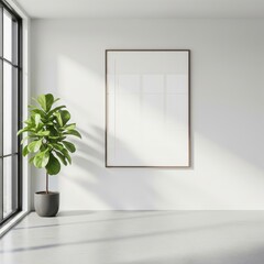 Mockup poster frame in bright minimalist interior with green plant and natural light