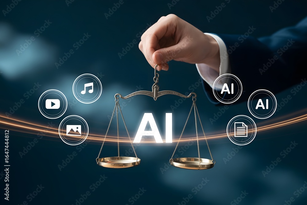 Poster balancing artificial intelligence a hand holds scales with ai text surrounded by media icons represe