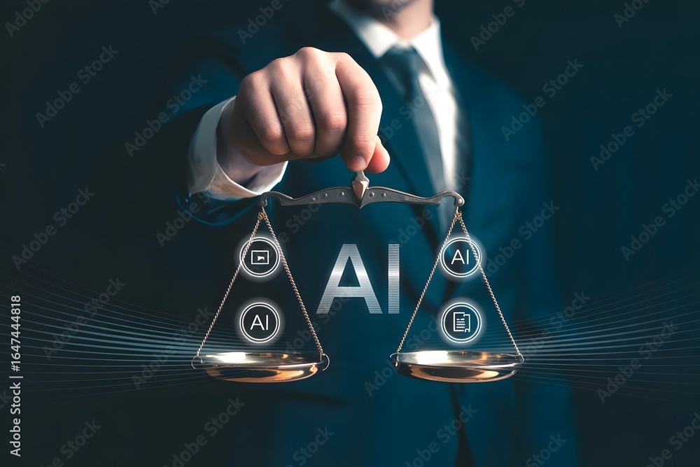Poster artificial intelligence and ethics concept with a businessman holding scales of justice with ai icon