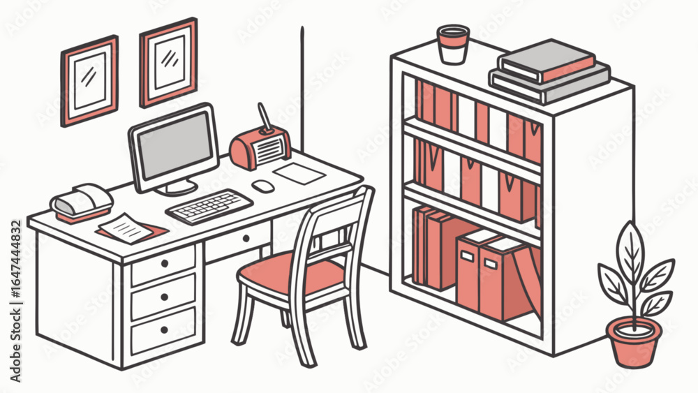 Poster isometric home office setup illustration with desk computer bookshelf and chair vector design