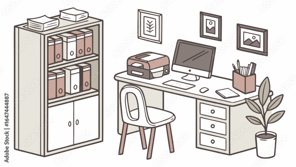 Poster illustration of home office setup with desk chair computer printer and bookshelf for vector design u