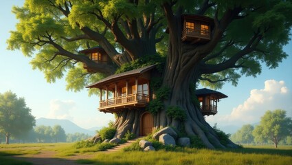 Fototapeta premium A whimsical treehouse nestled amongst lush greenery.