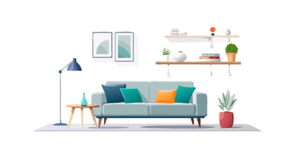 Living room interior design with sofa pillows shelves and plants vector illustration design concept