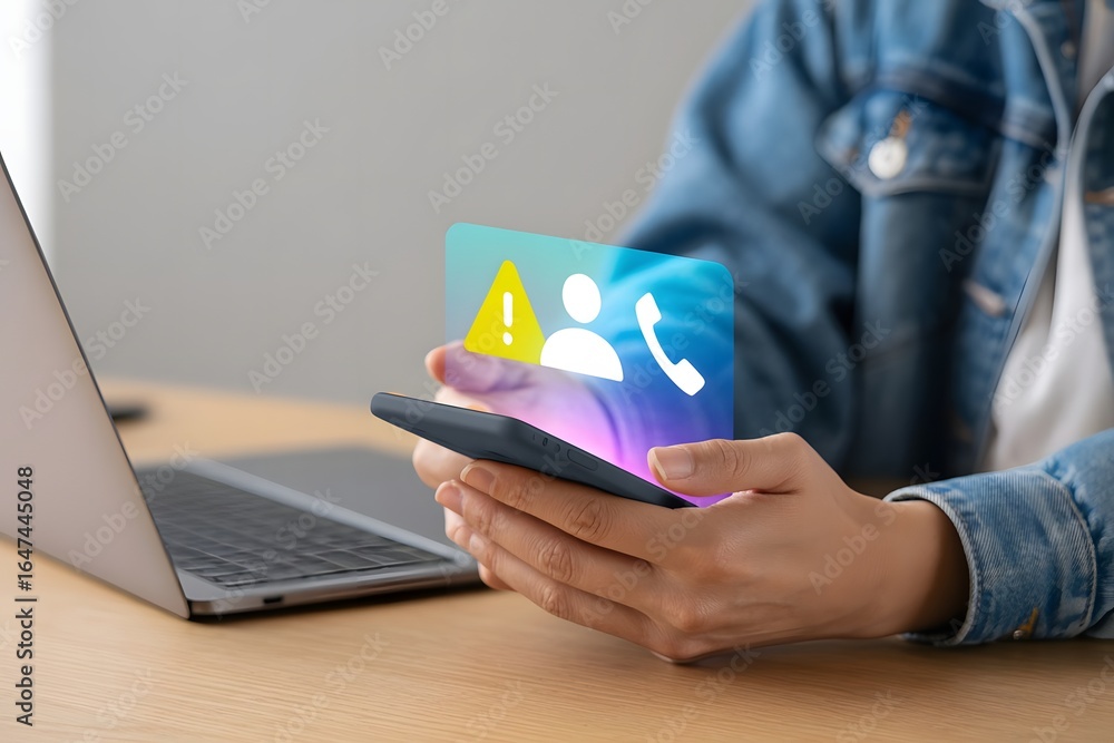 Poster woman holding smartphone with attention contact and call icons overlaid representing digital communi