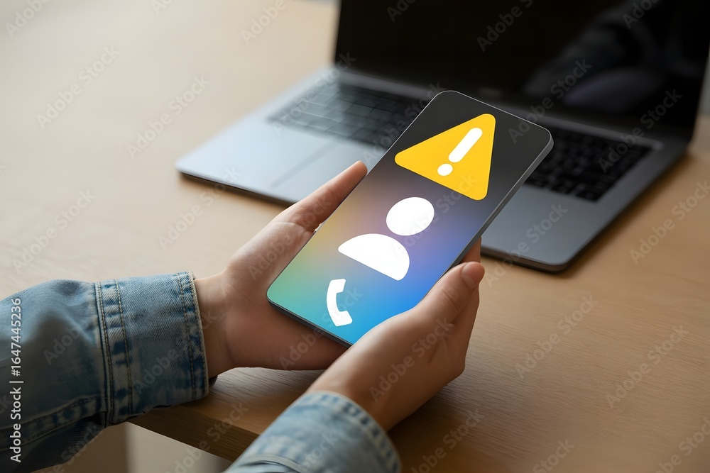 Poster hands holding smartphone with warning icon and person symbol indicating potential scam call or unkno