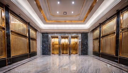 elegant marble lobby with two gold door elevators