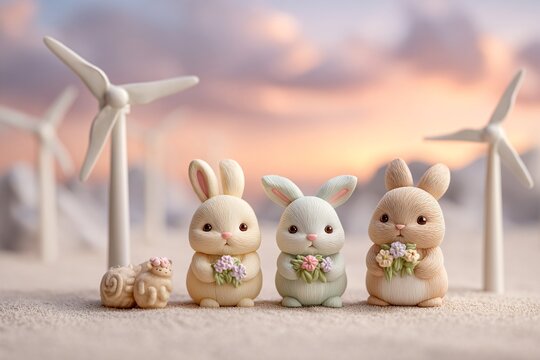 Fototapeta PASTELOWE KRÓLIKI KAWAII I WIATRAKI