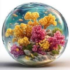 Vibrant Coral Reef in Clear Bubble with Colorful Fish and Sea Life