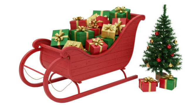 Bright red wooden sleigh filled with festive gifts and a small Christmas tree, against a pristine transparent studio background. Holiday abundance concept