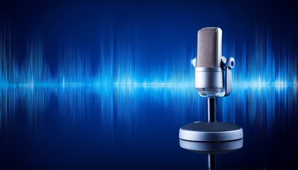 a blue background with sound waves and an audio microphone representing podcasting or recording voiceover