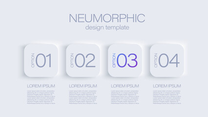 Neumorphism vector infographic design. Minimalistic white template for presentation slides. 4 steps, options or processes.