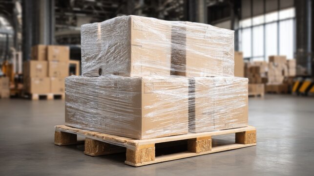Wrapped boxes are neatly stacked on a wooden pallet in a spacious warehouse. The interior features large windows, allowing natural light to illuminate the storage area
