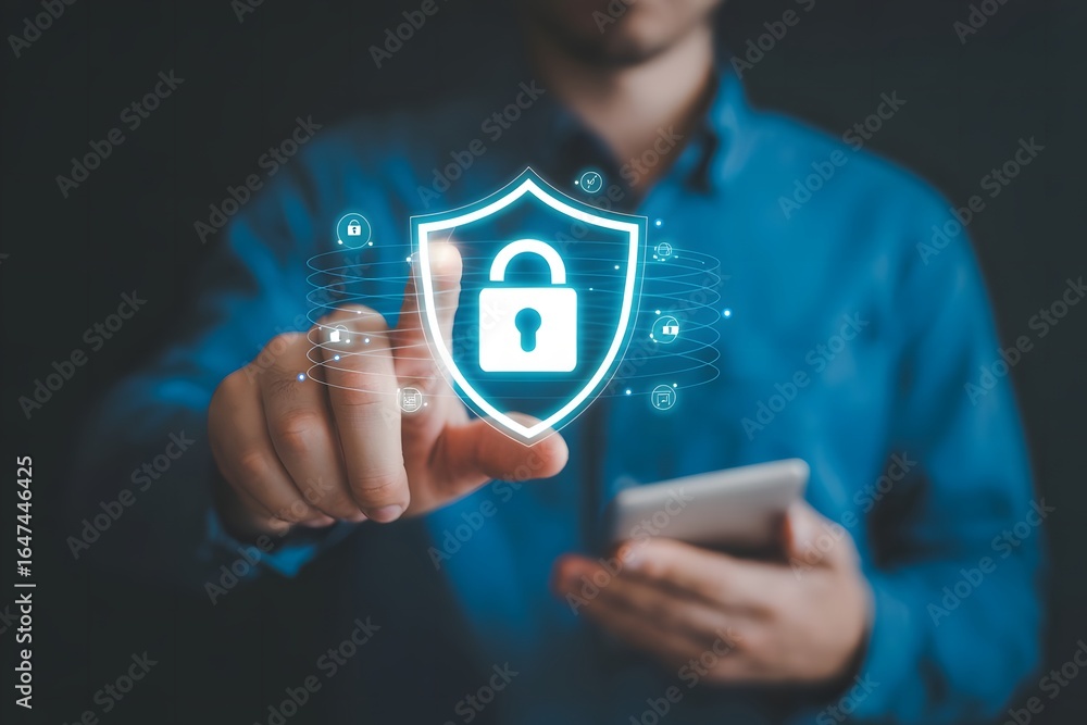 Poster Man using a smartphone with a security shield and padlock icon representing cybersecurity data protection and secure access to online information and digital