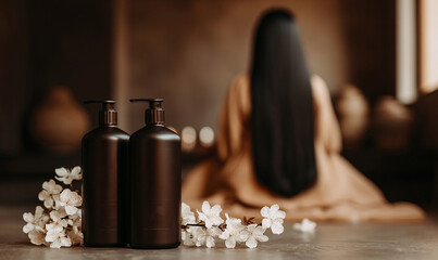 DUE FLACONI DI SHAMPOO SCURO IN PRIMO PIANO, SFOCATURA DI CAPELLI LUNGHI SULLO SFONDO