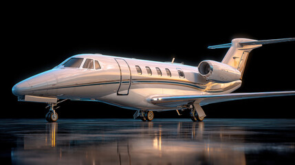 A sleek and modern private jet is showcased with its polished fuselage reflecting in a glossy surface. Dramatic lighting emphasizes the jet's design and luxury appeal