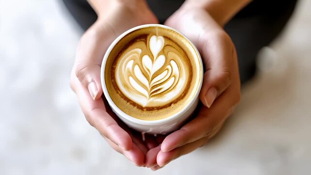A closeup image of a persons hands holding a cup of coffee. The coffee is a latte art, with intricate patterns that resemble heart shapes and leaf motifs.