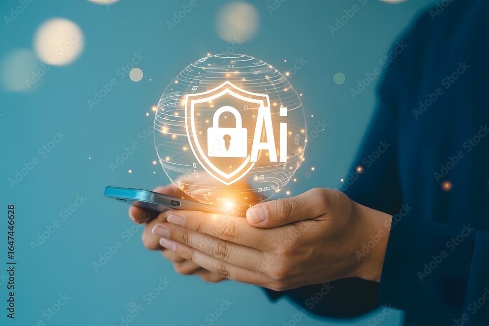 Poster ai security concept shown with a shield and padlock over a globe held in a person s hands over a mob