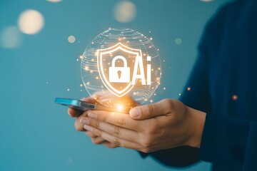 AI security concept shown with a shield and padlock over a globe held in a person s hands over a mobile phone on