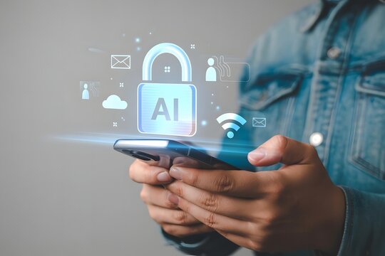 AI security on a mobile phone person using smartphone with padlock icon data protection artificial intelligence cloud computing and cybersecurity concept for secure