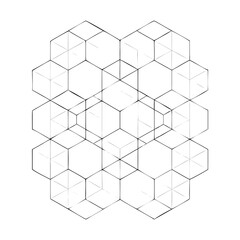 Vector art of abstract geometric hexagonal pattern, a complex network of interconnected lines and shapes, isolated on white background