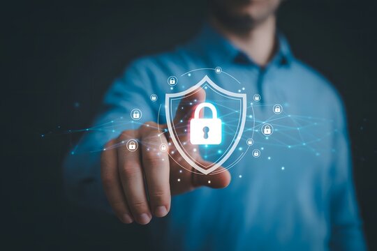 Man touching a digital shield with a padlock representing cybersecurity data protection network security and secure online access with a modern technological interface