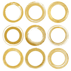 Vector art of collection of nine golden brush stroke circles isolated on white background, representing abstract artistic frames and borders with a textured, organic feel