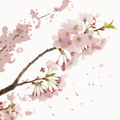Vector art of delicate pink cherry blossoms on a branch, isolated on white background, symbolizing spring and new beginnings