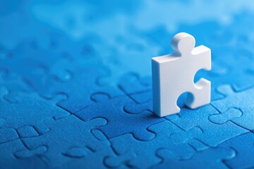 Single white puzzle piece on a blue puzzle