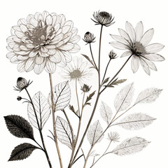 Vector art of elegant botanical illustration of various flowers and leaves, isolated on white background, vintage line art