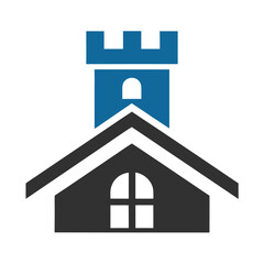 Blue and Gray Castle Tower Above House Roof with Window vector